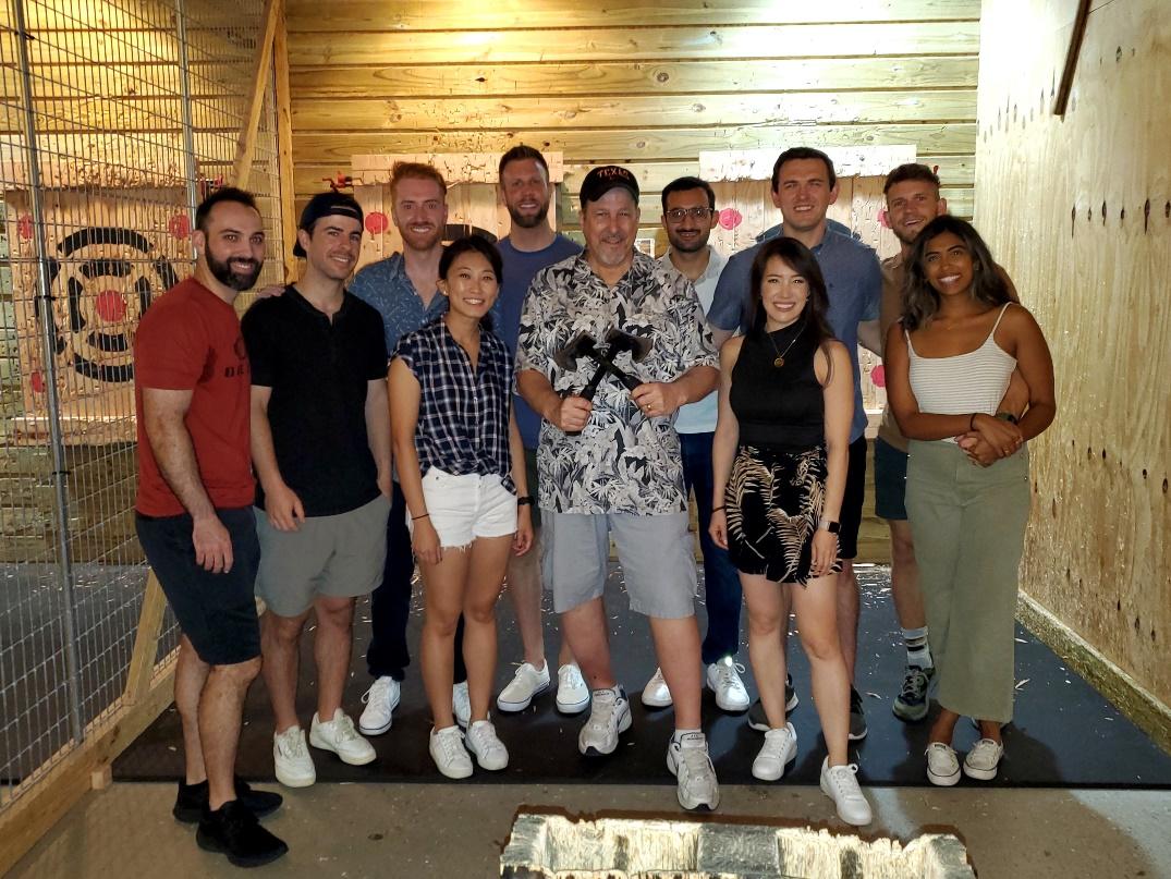 Ax throwing! L to R: Jake DeGracie, Banks Lee, Will Rudnicki, Jing Ye, Colton Fischer, Garry Myers, Aziz Mallik, Rica Mackert, Joe Vaughn, Ryan Hediger and Asha Hediger.