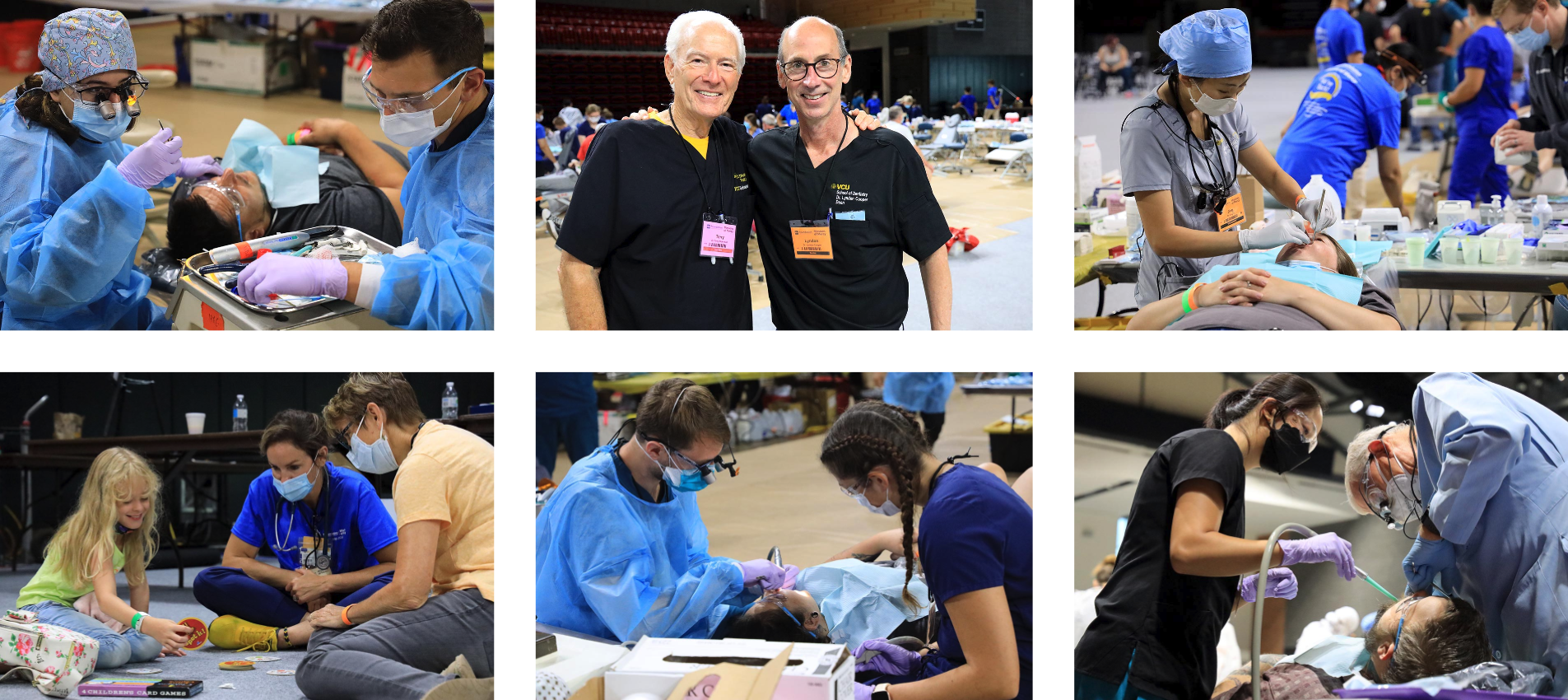 Professors posing and students performing operations on patients.