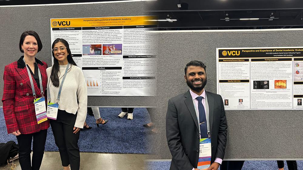 Dental student Shree Patel with Ana Andrada D.D.S., and student Suraj Kandalam both present posters during the conference.